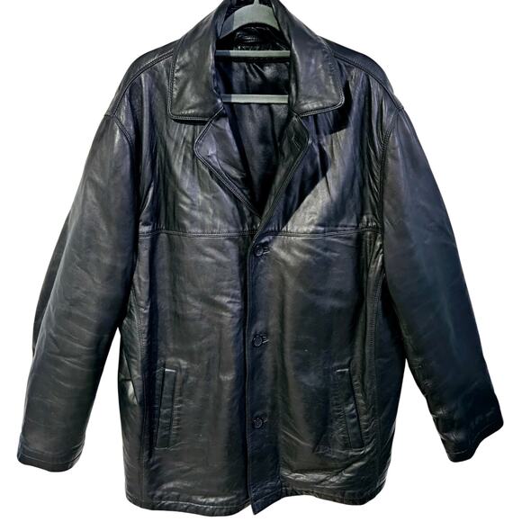 Vintage Knoles & Carter Men's L/XL Longline Leather Jacket Black Dressy Evening - Picture 1 of 7